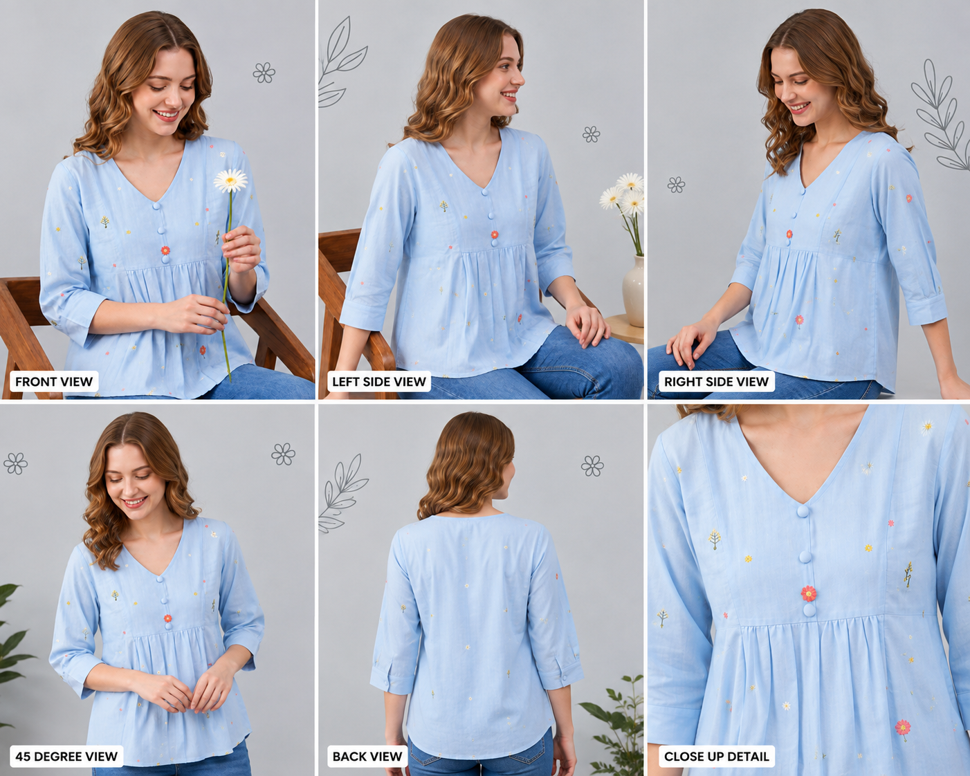 Women’s Light Blue Floral Embroidered V-Neck Top - Image 2