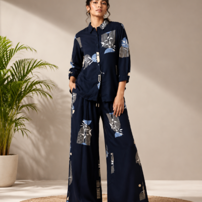 Women’s Navy Blue Printed 2-Piece Co-Ord Set