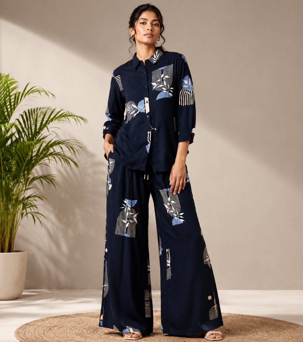 Women’s Navy Blue Printed 2-Piece Co-Ord Set