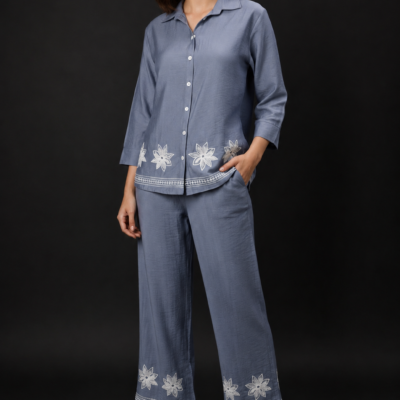 Women’s Slate Blue Floral Embroidered 2-Piece Co-Ord Set
