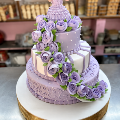 3 Tier Lavender Doll Cake with Rose Flowers