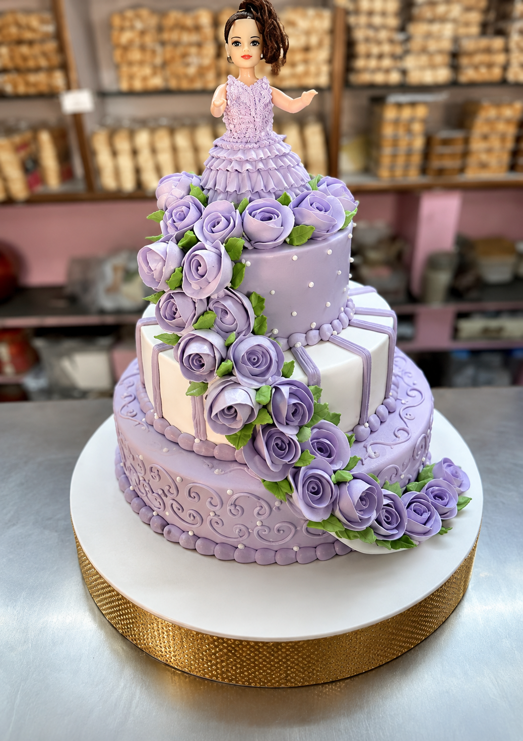 3 Tier Lavender Doll Cake with Rose Flowers