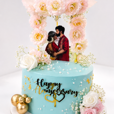 Blue Anniversary Floral Photo Cake