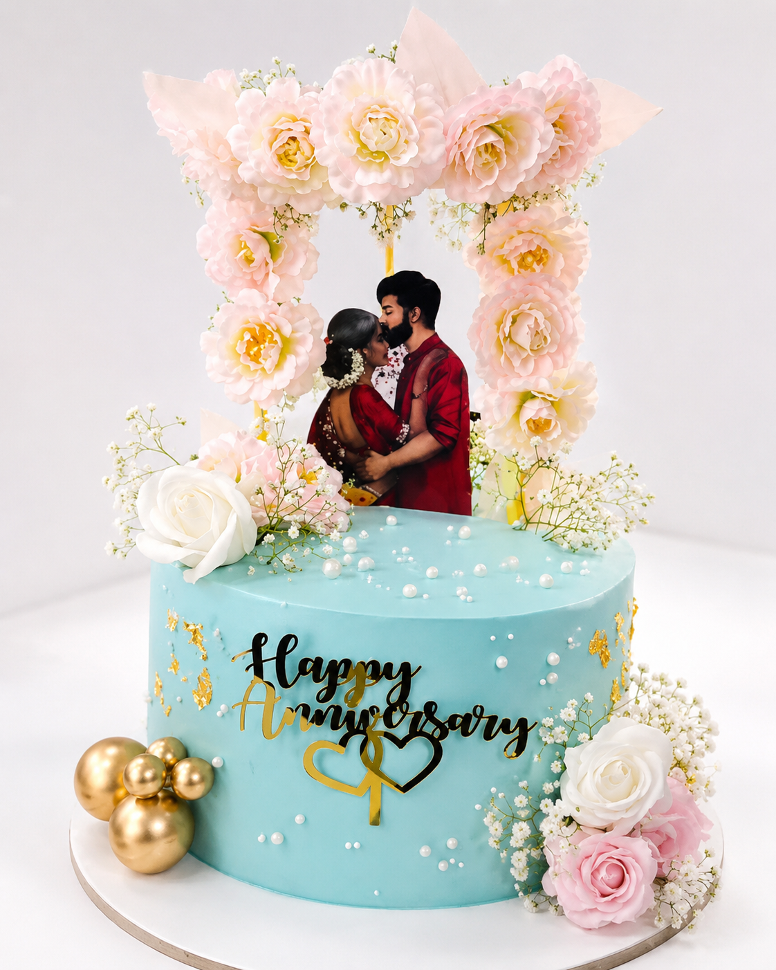 Blue Anniversary Floral Photo Cake