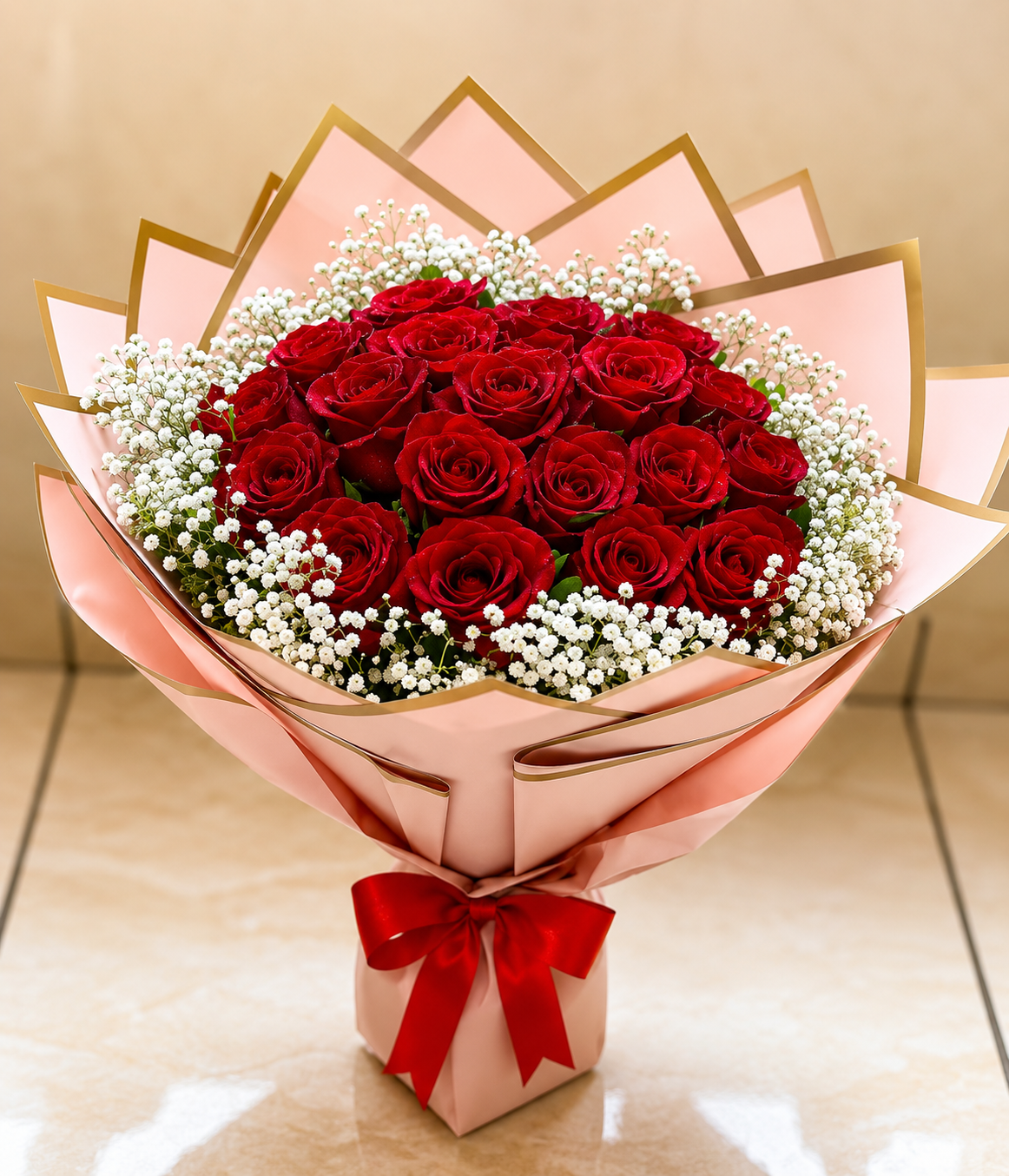 Premium Red Rose & Baby’s Breath Bouquet