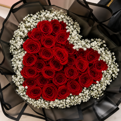 Luxury Red Rose Heart-Shaped Bouquet with Baby’s Breath