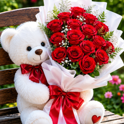 Premium Red Rose Bouquet with Teddy Bear
