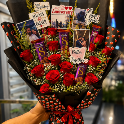 Red Rose Anniversary Bouquet with Dairy Milk Silk & Personalized Photos