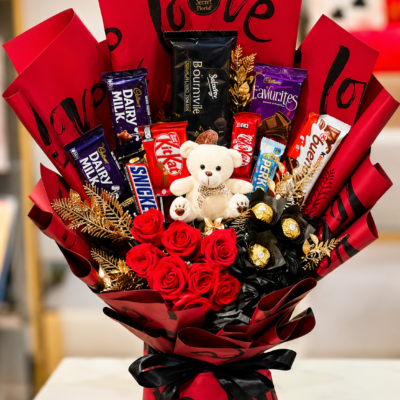 Luxury Red Rose Chocolate Bouquet with Teddy Bear
