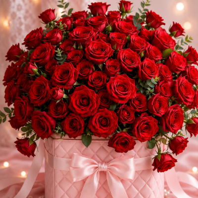 50 Red Roses in Pink Quilted Hatbox with Satin Bow