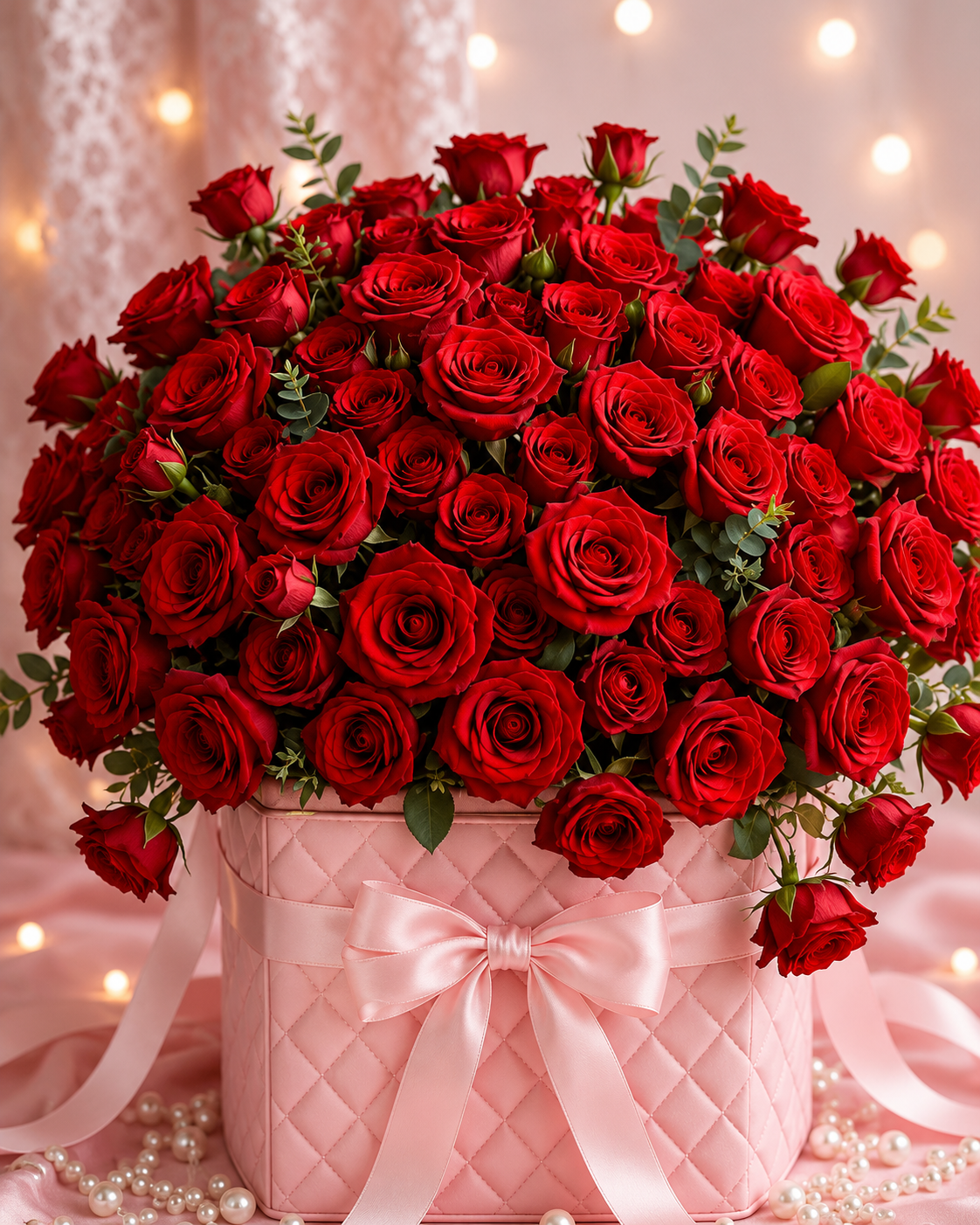 50 Red Roses in Pink Quilted Hatbox with Satin Bow