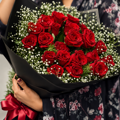 Red Rose Bouquet with Baby’s Breath & Black Wrapping | Feeling Celebration