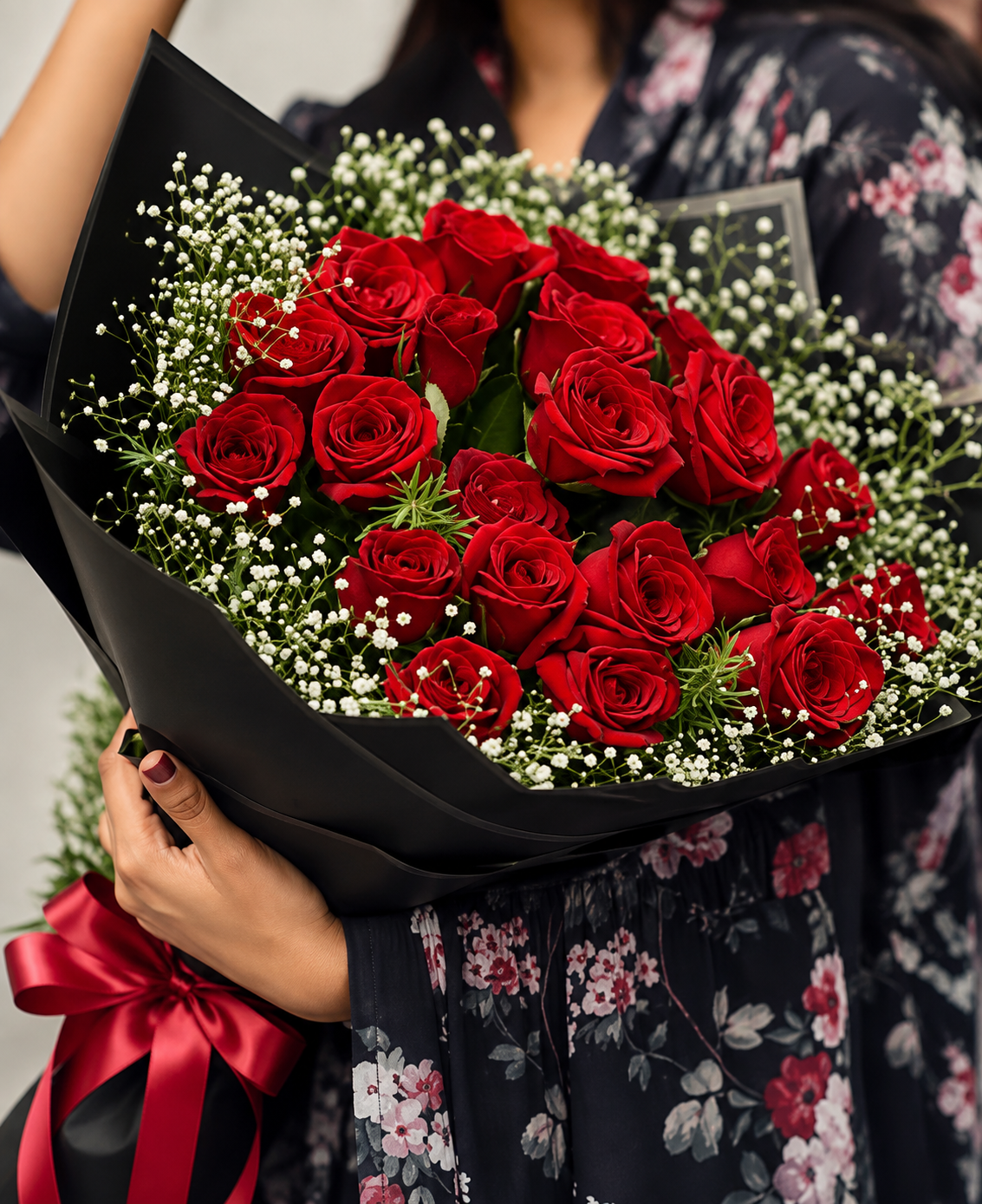 Red Rose Bouquet with Baby’s Breath & Black Wrapping