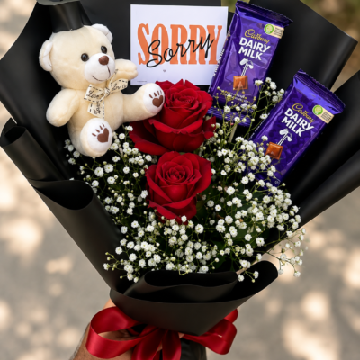 Sorry Bouquet with Teddy, 2 Red Roses & 2 Cadbury Dairy Milk Chocolates