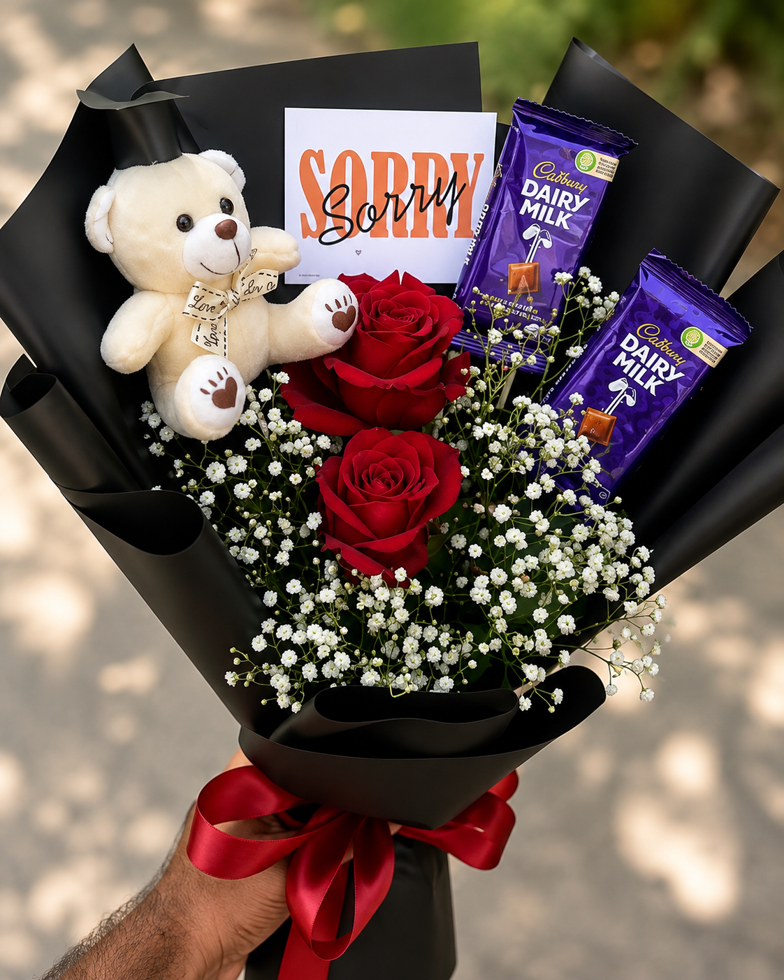 Sorry Bouquet with Teddy, 2 Red Roses & 2 Cadbury Dairy Milk Chocolates