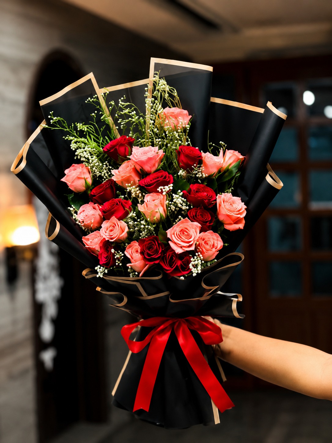 Premium Red & Pink Rose Bouquet with Baby’s Breath