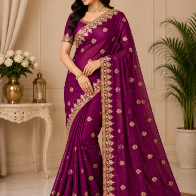 Deep Magenta Gold Embroidered Designer Saree