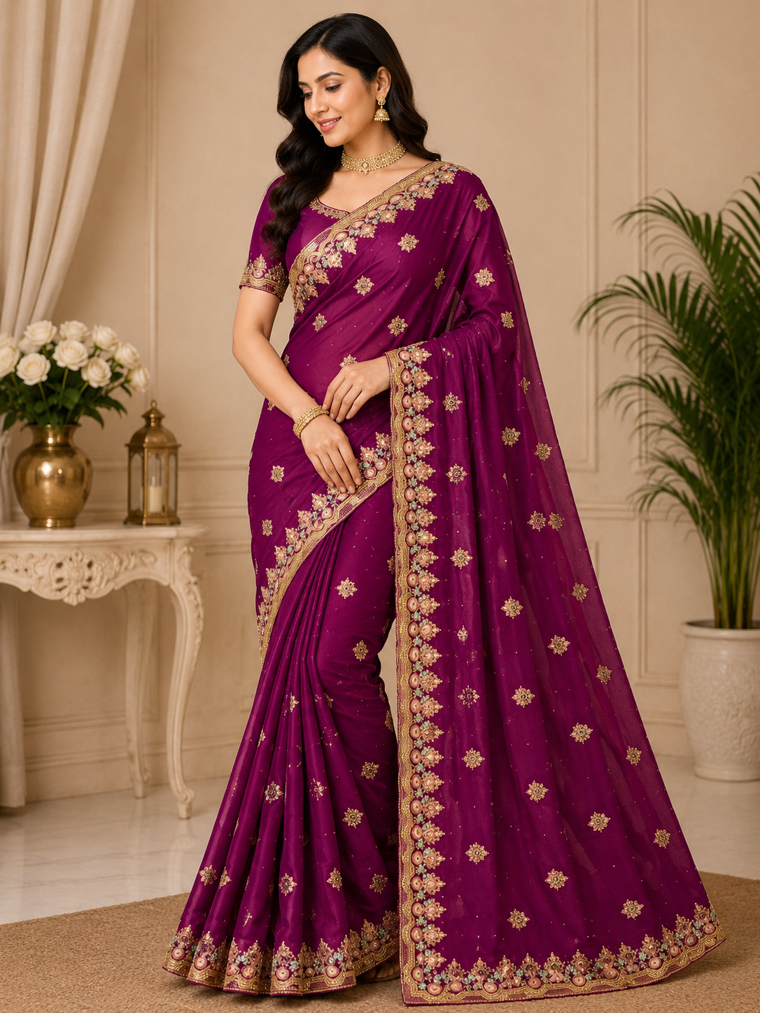 Deep Magenta Gold Embroidered Designer Saree