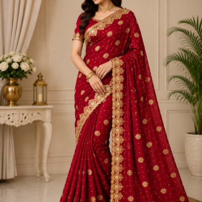 Maroon Red Gold Embroidered Designer Saree