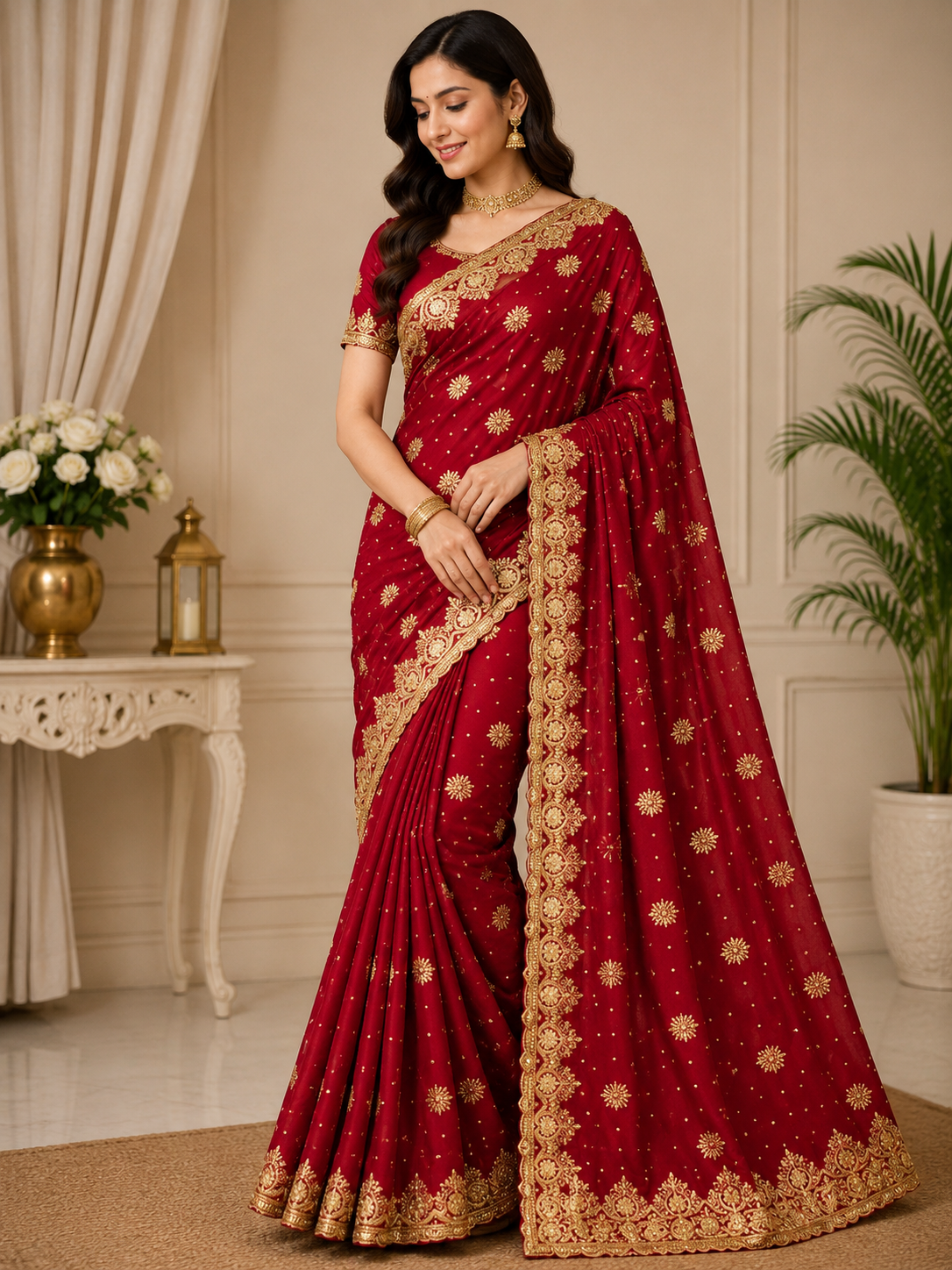 Maroon Red Gold Embroidered Designer Saree