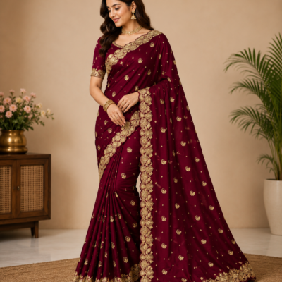 Maroon Red Pure Jari Work Designer Saree
