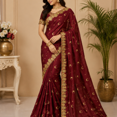 Burgundy Gold Embroidered Designer Saree