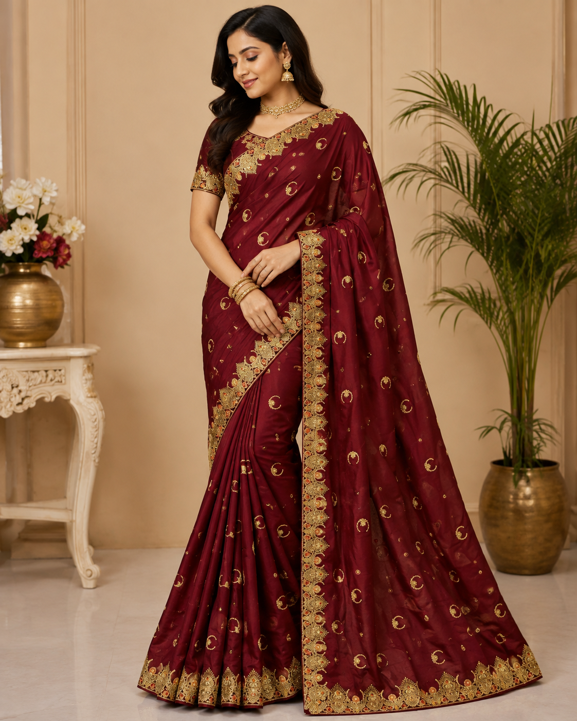 Burgundy Gold Embroidered Designer Saree