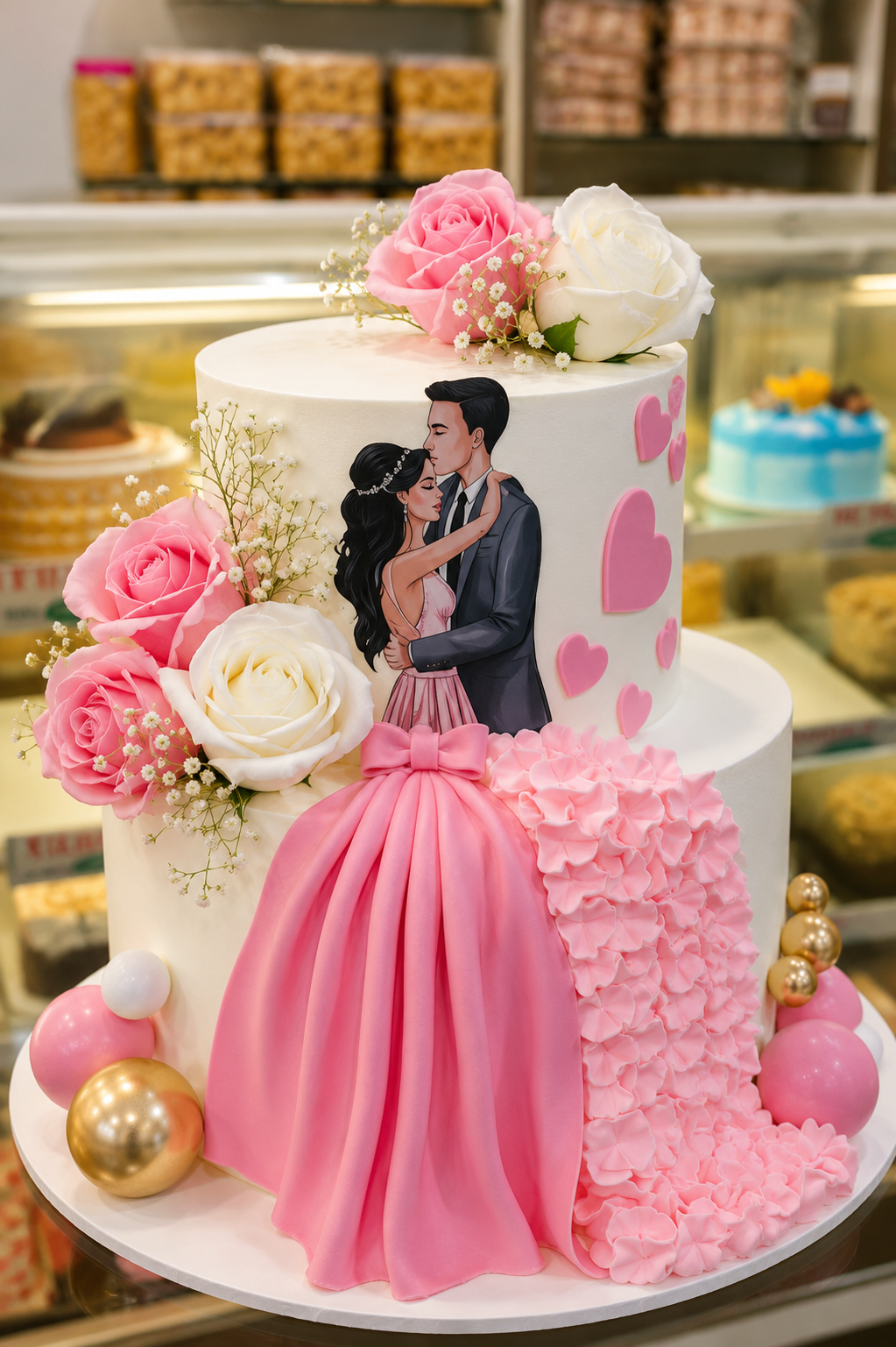 Elegant Pink Doll Dress Couple Theme Designer Cake