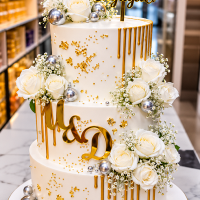 Elegant White & Gold Engagement Designer Cake
