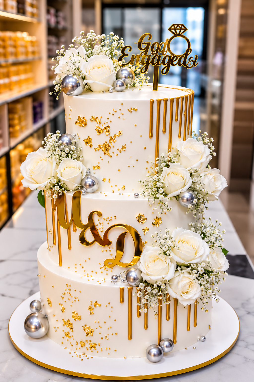 Elegant White & Gold Engagement Designer Cake