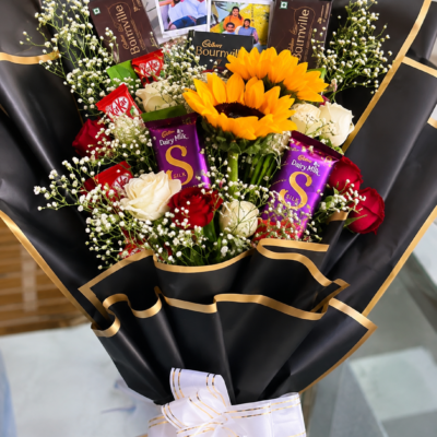 Premium Sunflower, Rose & Chocolate Gift Bouquet with Personalized Photos