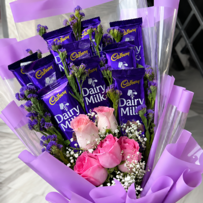 Premium Pink Rose & Cadbury Dairy Milk Chocolate Bouquet with Purple Wrapping