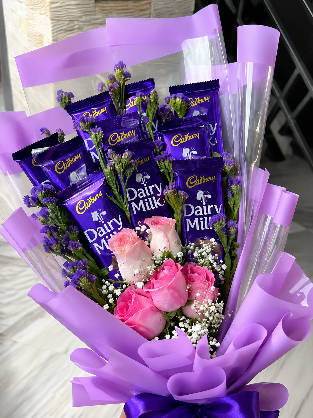 Premium Pink Rose & Cadbury Dairy Milk Chocolate Bouquet with Purple Wrapping