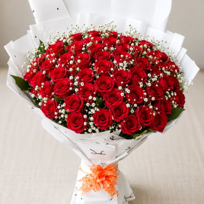 Premium 50 Red Roses Bouquet with Baby’s Breath – Elegant White Wrapping
