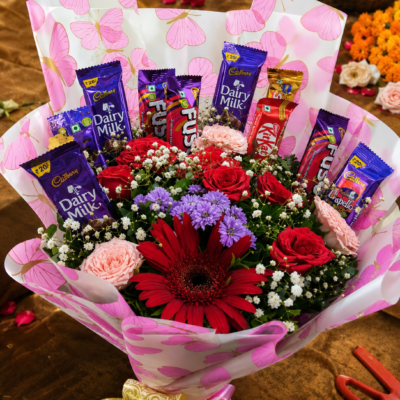 Premium Flower & Chocolate Bouquet with Red Roses, Gerbera & Cadbury Chocolates