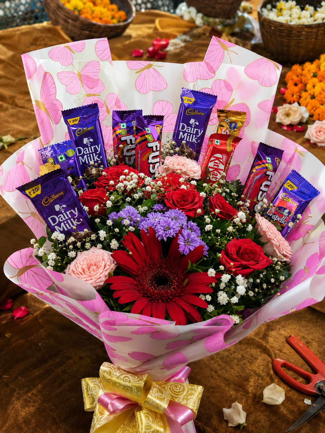 Premium Flower & Chocolate Bouquet with Red Roses, Gerbera & Cadbury Chocolates