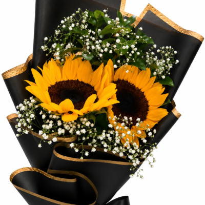 Premium Sunflower & Baby’s Breath Bouquet with Black & Gold Wrapping