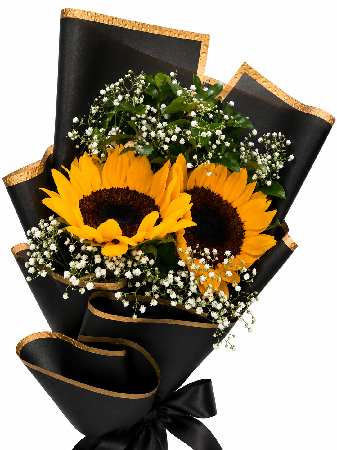 Premium Sunflower & Baby’s Breath Bouquet with Black & Gold Wrapping