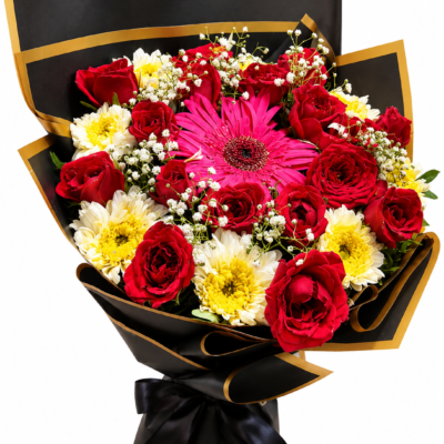 Premium Red Rose & Pink Gerbera Mixed Flower Bouquet with White Chrysanthemums