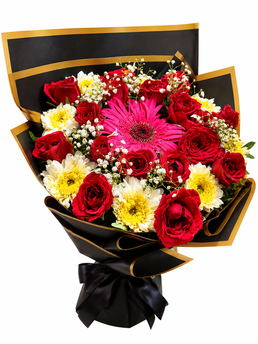 Premium Red Rose & Pink Gerbera Mixed Flower Bouquet with White Chrysanthemums