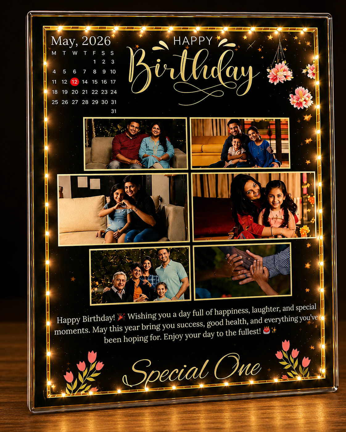Personalized Birthday Photo Collage Frame with LED Lights – Custom Name & Photos