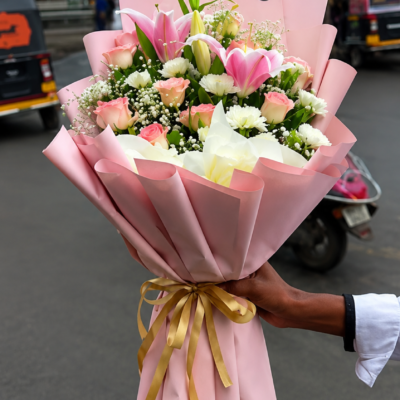 Pink Rose & Lily Flower Bouquet
