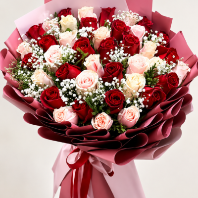 Red & White Premium Rose Bouquet with Baby’s Breath | Feeling Celebration