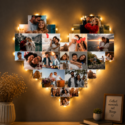 Personalized Heart Photo Collage with LED Lights – Couple Memory Wall Decor
