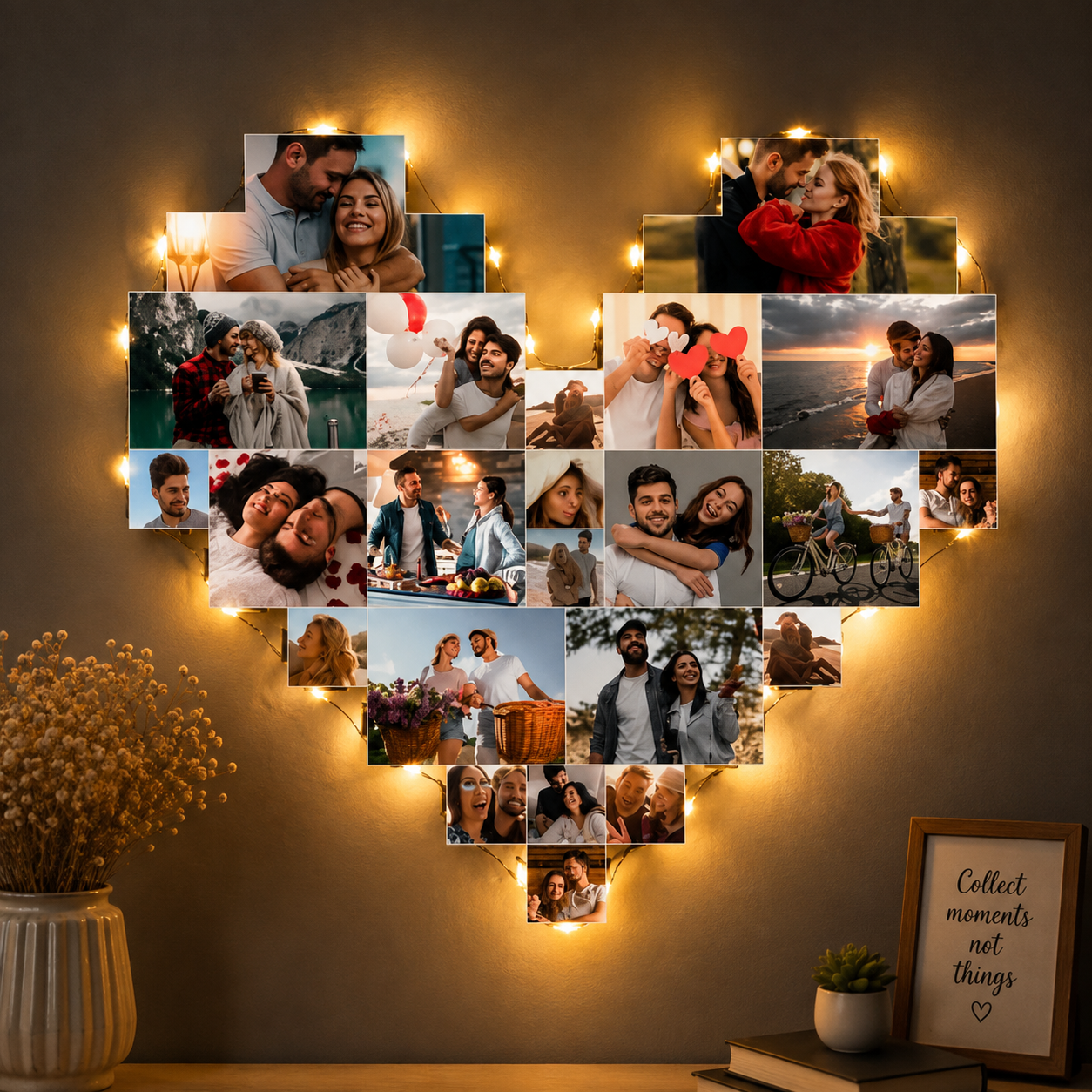 Personalized Heart Photo Collage with LED Lights – Couple Memory Wall Decor