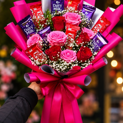 Premium Rose & Chocolate Bouquet – Pink & Red Romantic Gift Bouquet