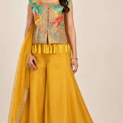 Mustard Yellow Multicolor Embroidered Palazzo Set | Feeling Celebration