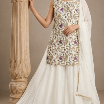Ivory Floral Embroidered Sharara Suit with Dupatta | Feeling Celebration