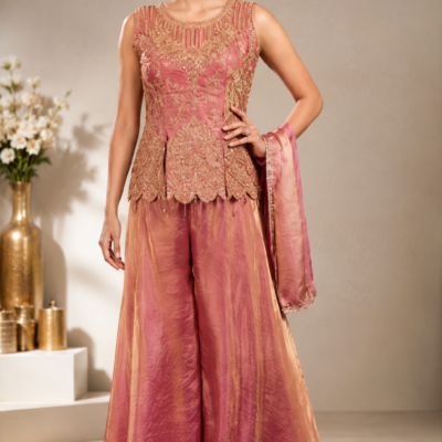 Women’s Dusty Rose Embroidered Palazzo Suit with Dupatta | Feeling Celebration