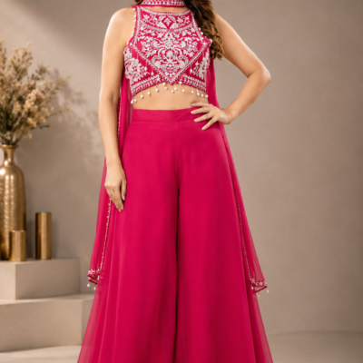 Fuchsia Pink Embroidered Halter Palazzo Suit Set | Feeling Celebration